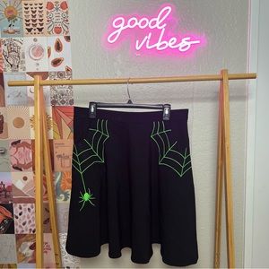 Hell Bunny Halloween black circle skater skirt with lime green spider and web
